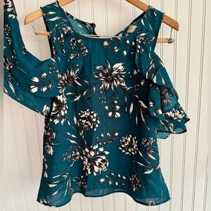 Japna Teal Floral Ruffle Sleeve Top Size Small